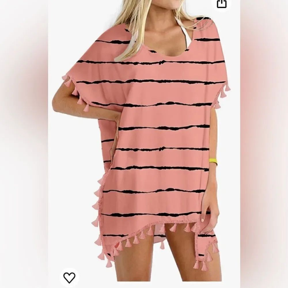 Yincro coral/black striped Chiffon Tassel Swimsuit Cover Up Beach